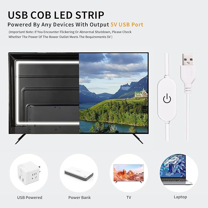 COB LED Strip Light 5V USB Tape 320LED/m Dimmable LED Strip Light USB TV Backlight Flexible Under Cabinet Tape Light for Bedroom,Kitchen,Home DIY Lighting (6500K, 9.84FT)