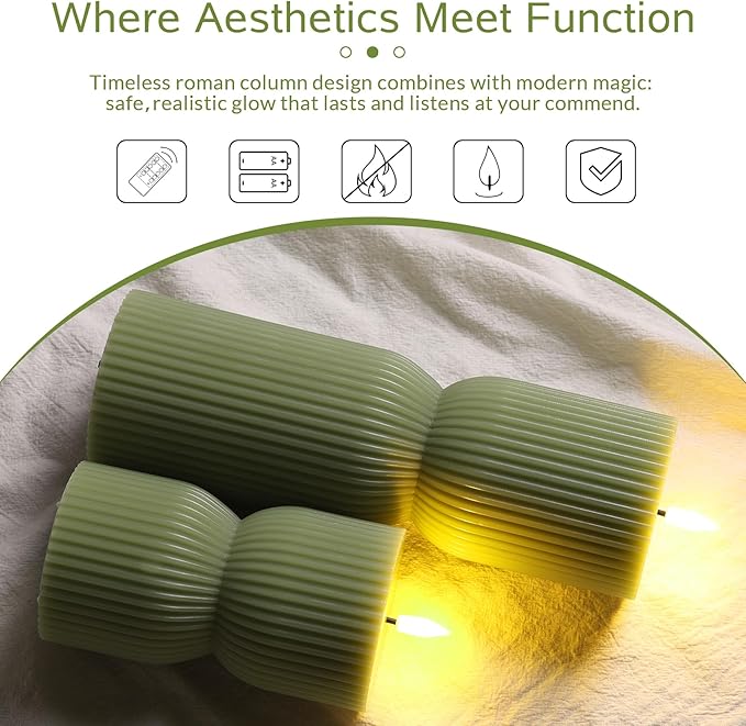Olive Green Ribbed Flameless Pillar Candles with Remote, LED Candles Battery Operated Flickering Real Wax Set of 2