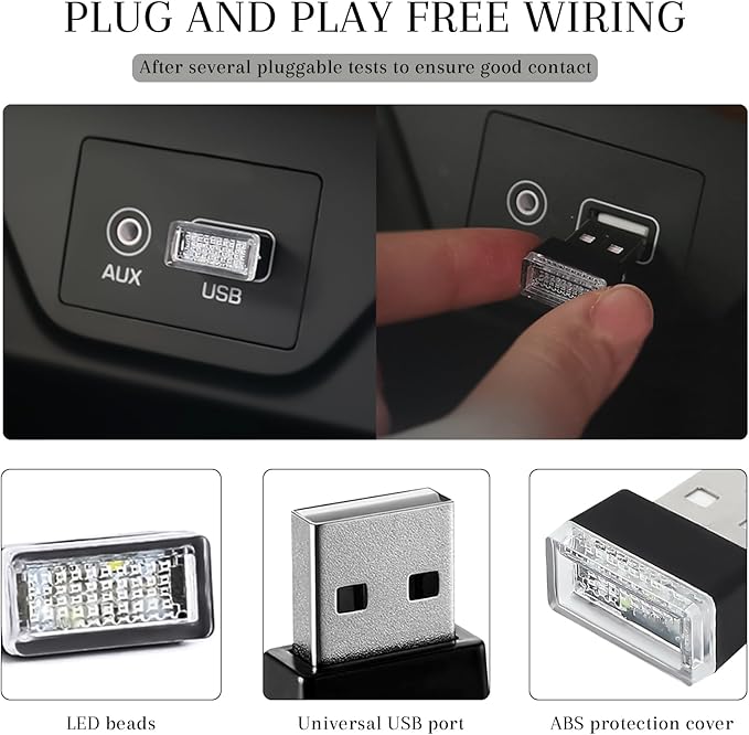 4 PCS USB LED Car Interior Atmosphere Lamp, Portable Mini Auto LED Decor Night Light, Plug-in USB Interface Ambient Lighting Kit, Universal Car Interior Accessories(Ice Blue)