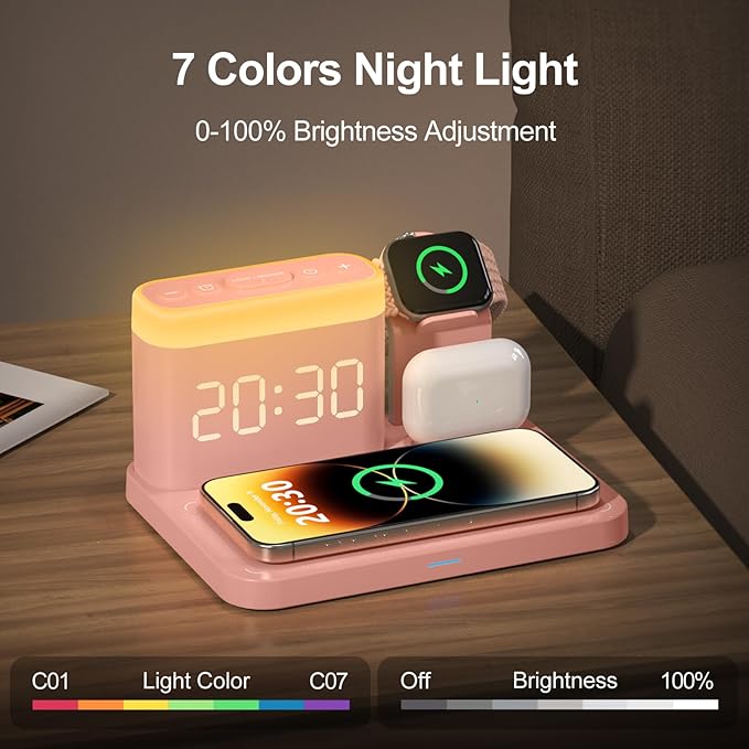 ANJANK 5 in 1 Wireless Charging Station with Alarm Clock,7 Night Light & 0-100% Dimmer,Qi Mag-Safe Charger Stand for Apple Devices - for iPhone 17 16 15 14 13 12 Pro Max Plus Air,Apple Watch,Airpods