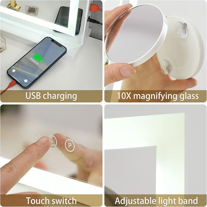Sucedey Vanity Mirror with Lights, 23" x 19" Large Makeup Mirror with 3 Color Modes & Adjustable Brightness, Detachable 10x Zoom Mirror,Smart Touch Control,Plug in(Tabletop & Wall-Mounted)