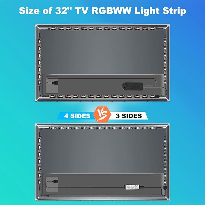 Bluetooth RGBWW LED Lights for 32 Inch TV with App Control, RGB+Tunable White 3000K-6500K TV LED Backlight with RF Remote, Music Sync Indoor for TV, Gaming