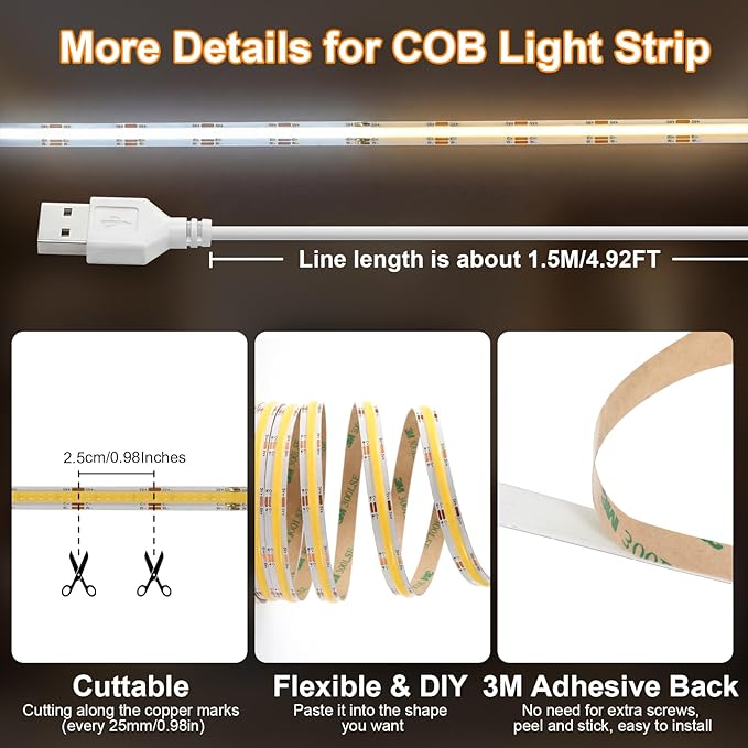 iNextStation 6.56FT/2M CCT COB LED Strip Light, 608LEDs LED Light Strips Dimmable 2700K-6500K, Cuttable DIY Design USB LED Lights, CRI93+ LED Tape Lights for TV Backlight, Cabinet, Mirror, Party Decor
