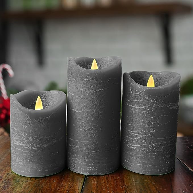 Real Wax Flameless Candles Set of 3 (D 3" x H 4" 5" 6") Battery Operated LED Candle with Timer Home Decorative Pillar Flickering Lights,Wedding Party Events Decor,Grey