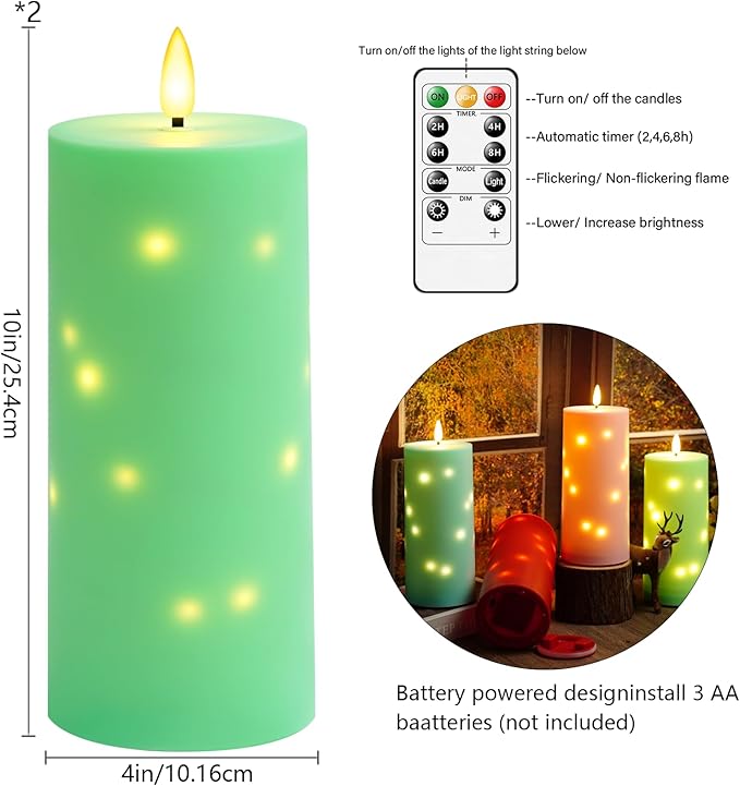 10" x 4" Large Outdoor Waterproof Flickering Flameless Candles with Timer,2Pcs Battery Operated LED Pillar Candles with Embedded Star String for Outdoor Lanterns,Porch,Patio Decor(Green)