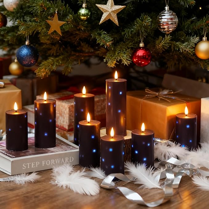 Flickering Flameless Candles with Remote Control and Timer Set of 5 Pc Real Wax LED Pillar Candles, Battery Operated Candles（D2.2×H5/5.5"/6"/7"/8"） Halloween Decorations Home Decor （Black）