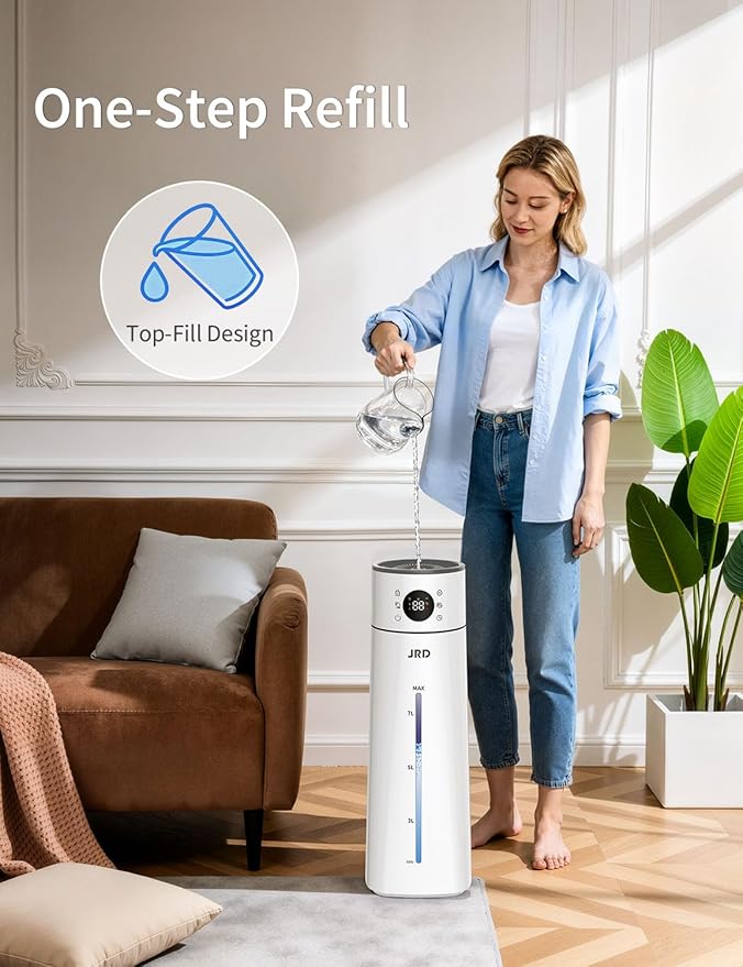 JRD Humidifier Large Room 8L/ 2.1Gal, Ultrasonic Cool Mist for Bedroom, Quiet Humidifier with Remote Control, 10 Mist Modes, 24H Timer, Night Light, AI Mode, 40H Run for Home Office（Grey）