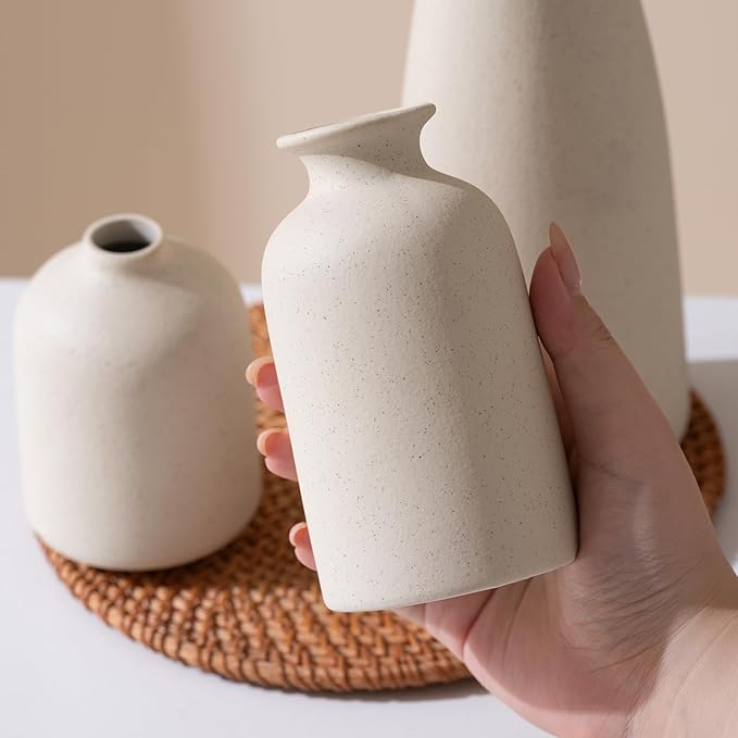 Ceramic Small Vase Set of 3,Modern Boho Farmhouse Home Decor,Pampas Grass Vase,Minimalist Decor,for Entryway Table,Bookshelf,Living Room, Bedroom,Kitchen,Coffee Table Decoration (White)