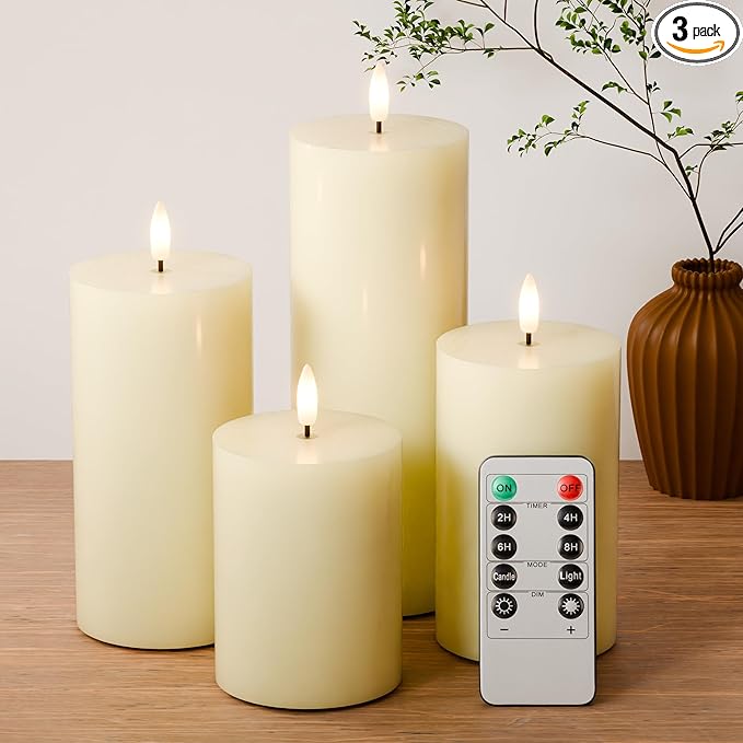 Flickering Flameless Candles, Real Wax Battery Operated Candles with Remote, Flat Top Led Flameless Pillar Candles for Home, Wedding, Party Decor, Set of 4, Φ 3" H 4" 5" 6" 8", Ivory