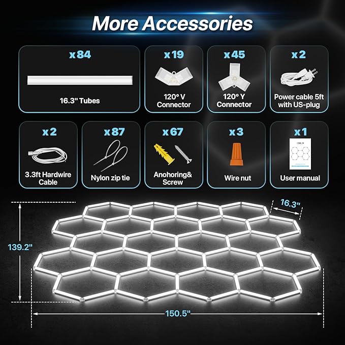 HYPERLITE Gen 2 Hexagon Garage Lights: 581W 58100LM 22 Grids Hexagon Led Light, 6500K Ultra Bright Honeycomb Hex Lights, Easy Install, Durable Design for Garage, Car Detailing, Workshops, Shops, Gym