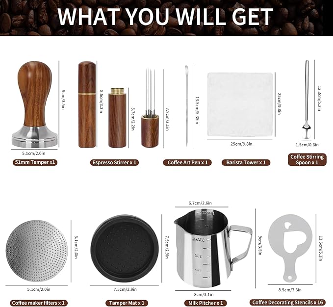 Gmnuiy51mm Coffee Tamper Set 24PCS, Espresso Accessories Kit Barista Kit,316stainlesss Tamper & WDT Tool,316stainlesss Frothing Pitcher, Stirrer, Tamper Mat, Latte Art Pen Coffee puck screen