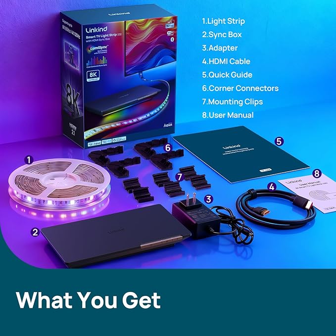 Linkind TV Backlight, HDMI 2.1 Sync Box with AI LumiSync Technology, Supports 8K@60Hz, Cuttable LED Backlights Sync to Screen for 27-90 inch TVs