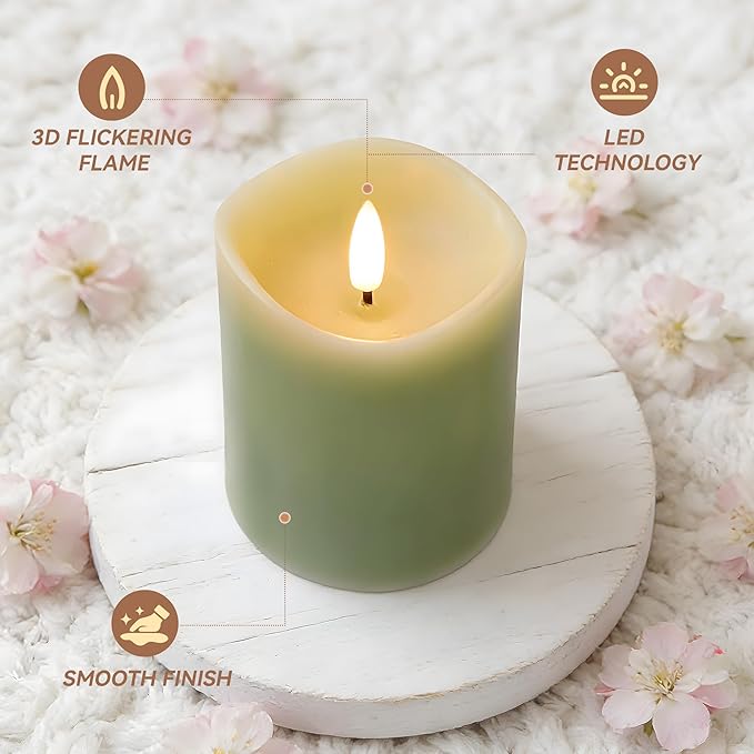 Green Flameless Candles with Remote and Timer, Real Wax Made LED Pillar Candles Battery Operated with 3D Flickering Flame Melted Edge, 3" x 4",5",6", Set of 3 (Pastel Green)