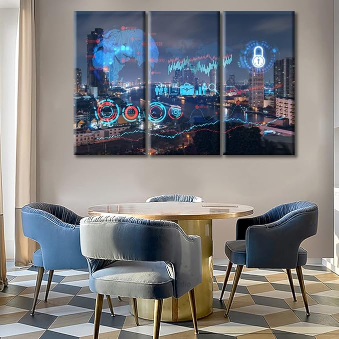 TUMOVO Data Concept Paintings Black and White Wall Art 3 Panels City Night Scene as Background Hologram Wall Decor for Bedroom Print on Canvas Framed Ready to Hang (60" Wx40 H)