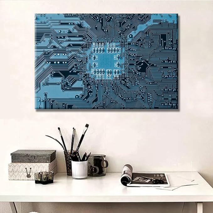 LSIUHWUWI Canvas Wall Art for Living Room Electronic PC Blue Electronic Circuit Wall Art CPU Concept Vault Door and Binary Code Inside Home Decor Electronic Board Picture Ready to Hang 16X24 INCH