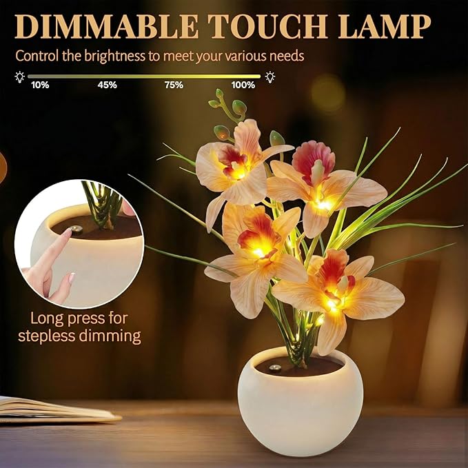 Artificial Flower Night Light, Touch Stepless Dimming USB Rechargeable Orchid Flower with Vase Lamp, LED Table Lamp Decorative Landscape Lights for Festival Party Home Decor (Champagne)