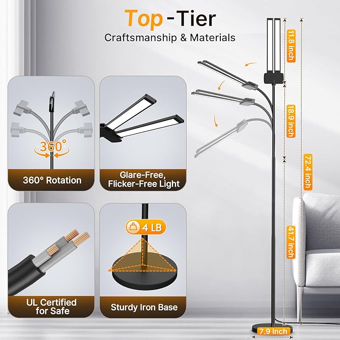Syrinx LED Floor Lamp, 14W 2000LM Bright Reading Floor Lamp for Office, Gesture & Remote Control, Dual Head Goose-Neck Standing Lamp, Dimmable Brightness & Color Temp, Eye Caring Light for Living Room