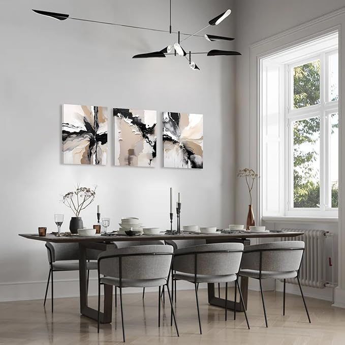 3pcs Framed Black Beige Netural Wall Art,Modern Geometric Abstract Wall Decor Living Room,Beige Black Abstract Marble Canvas Wall Art Posters Prints for Bathroom Bedroom Home Decoration,12x16inch