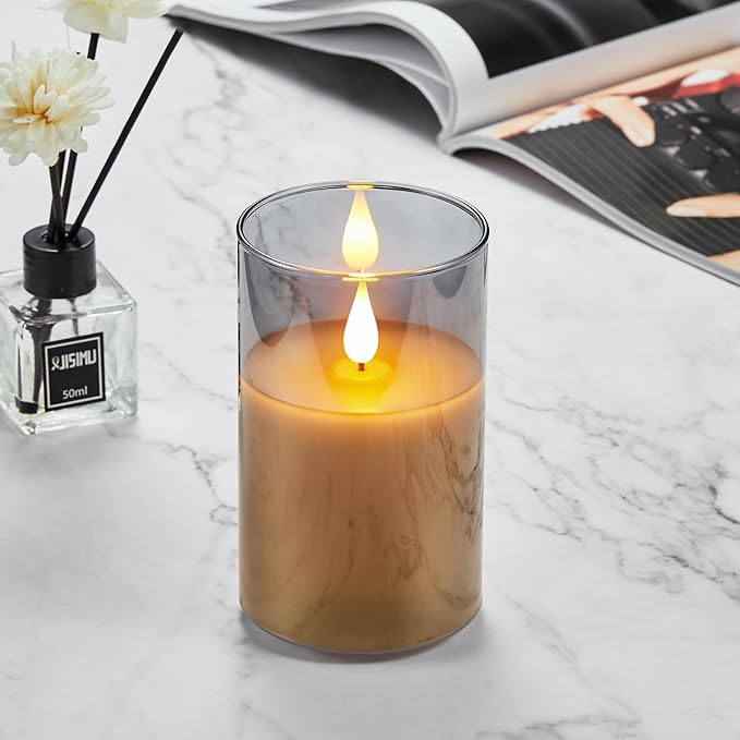 Flickering Flameless Candles, Battery Operated Candles with 3D Wick, Last 1000+ Hours LED Candle with Remote and Timer, Pillar Candles Real Wax, Grey Glass for Wedding, Christmas 3" x 6"