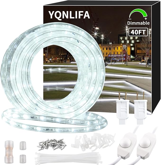 40ft LED Rope Lights, Dimmable 432 LEDs IP65 Waterproof Outdoor Indoor Linkable Cuttable Rope Light, 110V 6000K Daylight White Christmas Rope Light for Patio Garden Corridor Party Decor