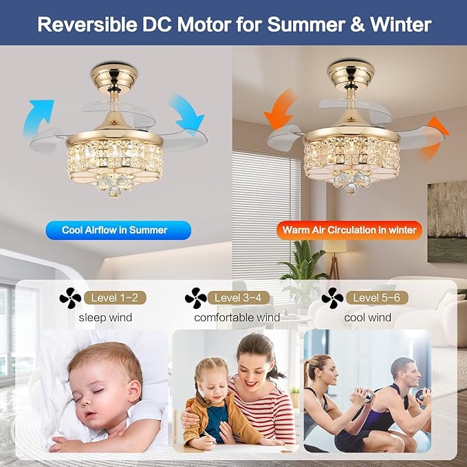 30" RGB Retractable Crystal Ceiling Fan with Light Dimmable Bluetooth Chandelier Fan, 6-Speed Timer, APP Remote Control for Bedroom,Gold
