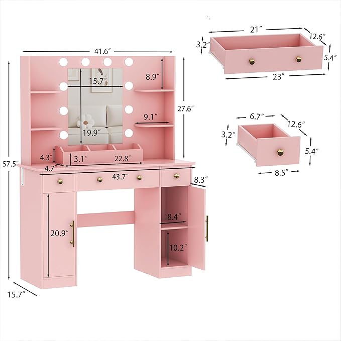 Vanity Desk with Mirror and Lights, Makeup Vanity with Mirror and LED Lights & Power Outlet, 3 Drawers and Cabinets, 3 Lighting Modes Dressing Table Set for Girls Women Bedroom,Pink