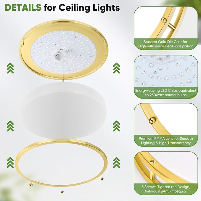 TOBUSA 16in 50W LED Flush Mount Ceiling Light 5600lm Super Bright, Dimmable LED Light Fixture 2700K-6500K 5CCT Adjusted, 1-Pack Modern Light Fixture Ceiling, Gold