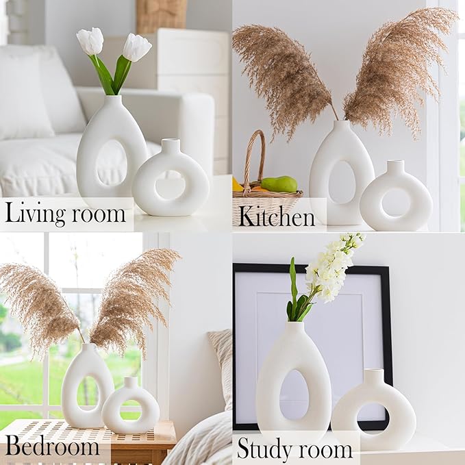 White Ceramic Vase Set of 2 for Modern Home Decor, Round Matte Donut Vases for Pampas Grass, Boho Nordic Minimalism Style Modern Flower Vases for Living Room Table Bookshelf Office Bedroom