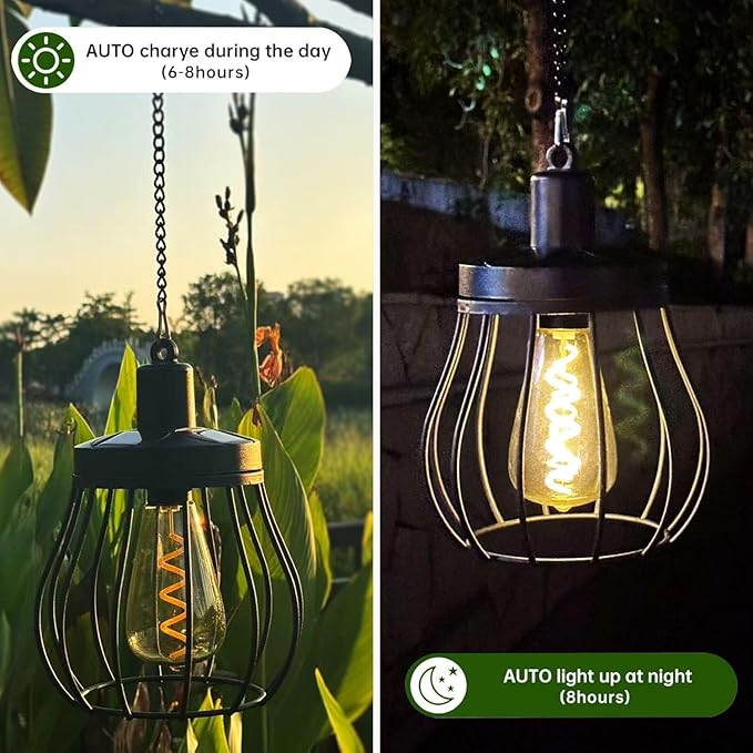 Solar Lantern Outdoor Hanging Lights Upgraded Edison Bulb Design Waterproof LED Lighting Metal Solar Powered Lanterns for Women Mom Grandma for Yard Garden Decor Gifts