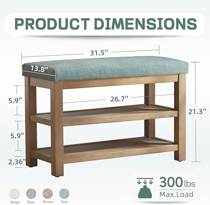 2 Tier Shoe Rack Bench with Cushion, Solid Wood Shoe Benches, Mid-Century Modern Shoe Storage Bench for Entryway, Hallway, Living Room, Closet, Front Door Entrance, (Teal, 31.5")