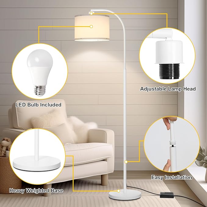 Floor Lamps for Living Room, White Arc Floor Lamp with Stepless Dimmer, Modern Standing Lamp with Adjustable Drum Shade, Tall Pole Lamp for Bedroom Study Room Office, 9W 3000K LED Bulb Included