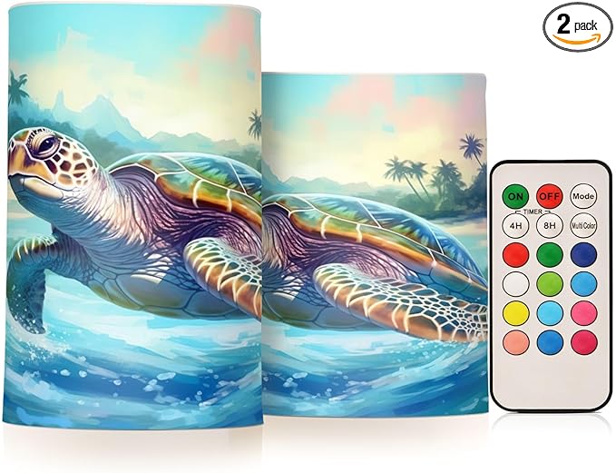 Graffiti Sea Turtle Pattern Flameless Candles Color Changing LED Candles with Remote Control Battery Candles for Outdoor and Indoor Home and Room Decoration, 3'' x 4''/5'' Set of 2 Pieces