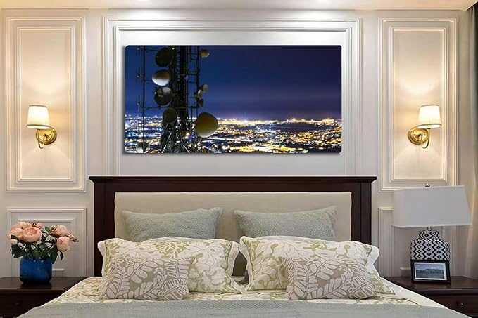 Wibinuki Wall Art Wall Decor Wall Paintings Telecommunicions tower, antenna and sellite dish and city night for Living Room Bedroom Bathroom Home Decor Can Be Hung Directly 20"x 40"