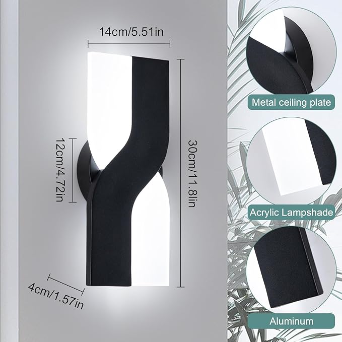 Modern LED Wall Sconce, Black Indoor Wall Light Fixtures Set of 2, 8W Acrylic Wall Mounted Lamp, 6000K Cold White Wall Sconces Lighting for Hallway, Bedroom, Stairway, Corridor, Bathroom
