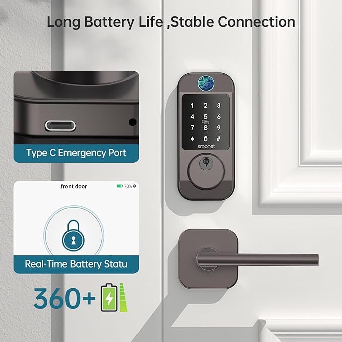 SMONET WiFi Keyless Door Lock with Handle Set – Fingerprint Smart Lock, Bluetooth Keypad Deadbolt, Remote Control via App & Alexa, Auto Lock, Code & Fob for Home Security, Gray