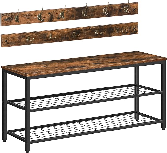 HOOBRO Hall Tree with Bench, Coat Rack Shoe Bench Set, Entryway Shoe Rack with Coat Hooks, Hall Tree, 39.4" L x 11.8" W x 18.1" H, Industrial, for Front Door, Rustic Brown BF071MT01G1