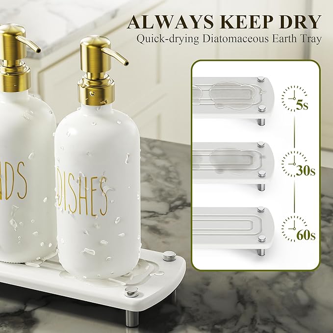 Cisily Gold Kitchen Soap Dispenser Set with Dish Brush Holder, Dish and Hand Soap Dispenser Set with Stainless Steel Pumps, Instant Dry Tray, Suitable for Kitchen Decor and Accessories(Gold&White)