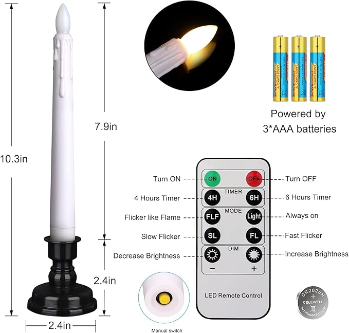 LED Battery Operated Window Candle with Remote & Timer Flickering Warm Light Christmas Flameless Taper Candles for Party Holiday Wedding Home Table Decoration (Pack of 6,White+Black Holder(A))…