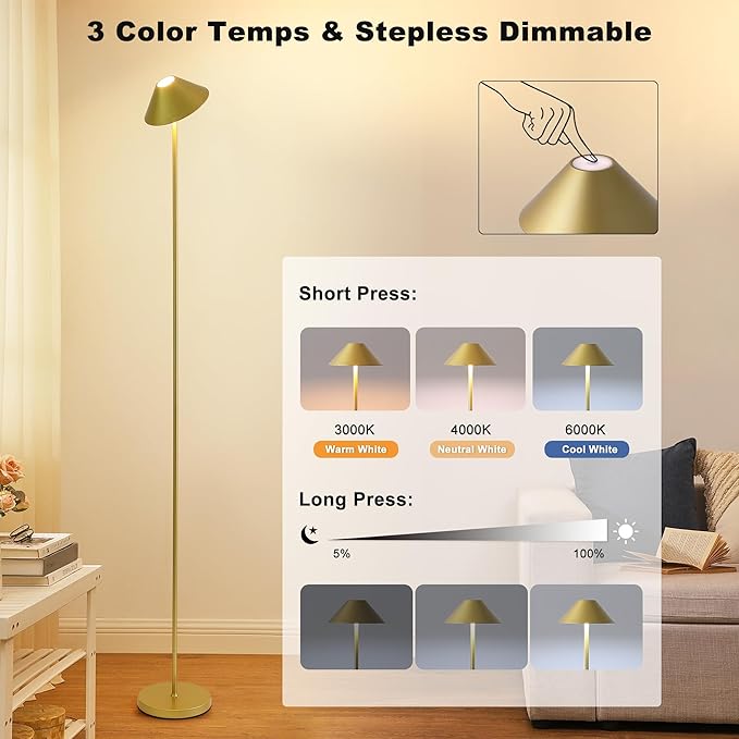 Rechargeable Floor Lamp for Indoor/Outdoor, Cordless Tall Standing Lamp with 3 Color Temps & Dimmable, IP43 Waterproof, Adjustable Height 16-59 Inch, LED Floor Lamp for Living Room, Patio(Gold)