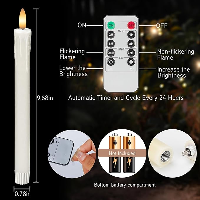 Flameless Taper Candles with Remote, 6 Pack Real Wax LED Battery Operated Candle with Flickering Flame, Safe Home Décor for Living Room, Bedroom, and Dining Table, Dripping Wax White