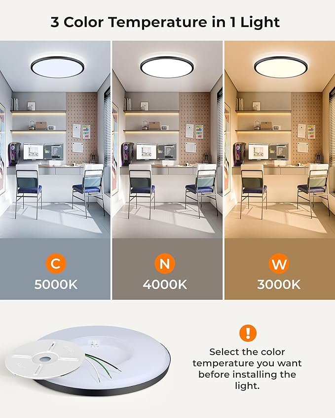 BLNAN 15.4 Inch LED Flush Mount Ceiling Light, 3000K-5000K 3 Color Selectable Ceiling Lights, 36W 3600LM Closet Light Fixture, Ceiling Lamp for Bedroom, Dining Room, Kitchen, Black