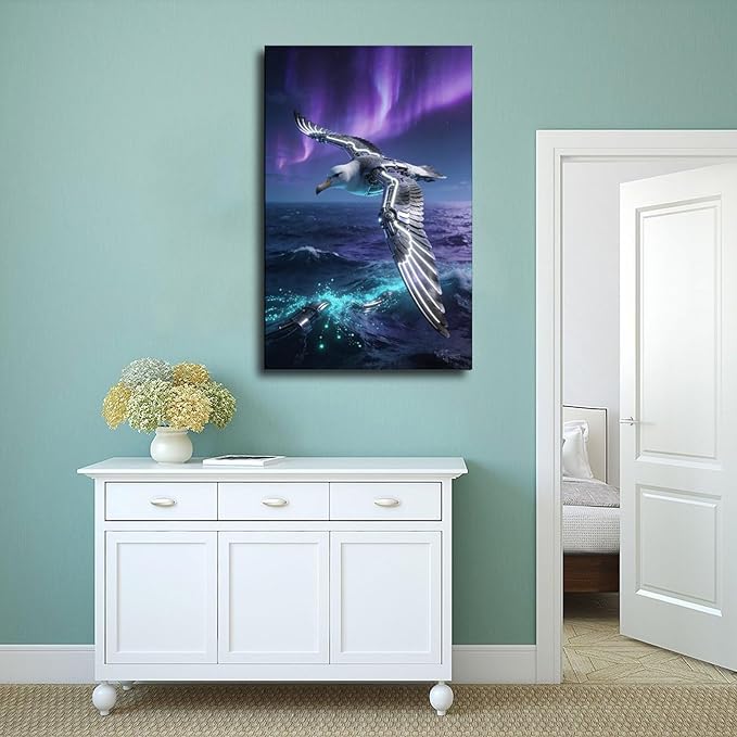 Framed Steampunk Mechanical Seagull Wall Art - Aurora Ocean Retro Poster for Bedroom Game Room Decor 20x30inch(50x75cm)