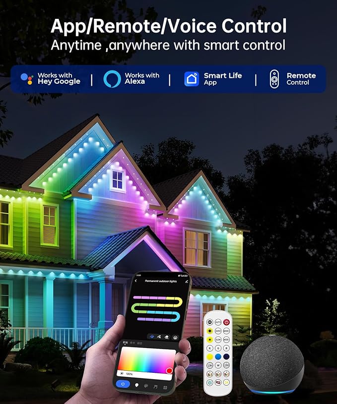 Smart Permanent Outdoor Lights, 100ft with 72 LED RGB String Lights, IP67 Waterproof Eaves Light with 44 Scene Modes for Halloween Christmas Birthday Holiday Party, APP/Voice/Remote Control