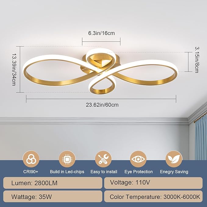 Modern LED Ceiling Light, Hallway Light Gold Close to Ceiling Light for Kitchen Bedroom Balcony Bathroom Living Room (23.62Inch)