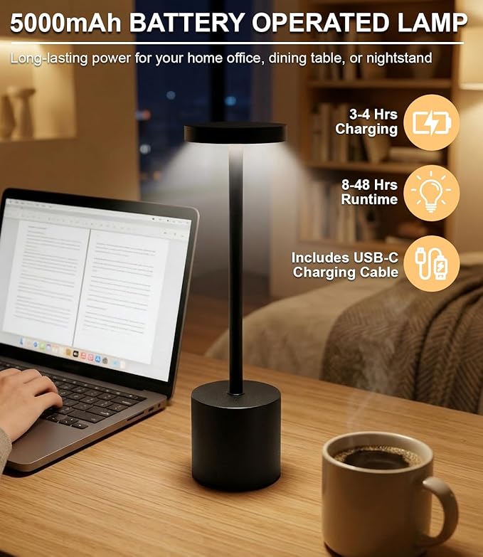 Black Cordless Table Lamp, Rechargeable 5000mAh Battery Powered Wireless Table Light, 3 Color Dimmable Lighting, Patio Outdoor Table Lamp, Bedside Night Lamp, Ambient Light for Dining