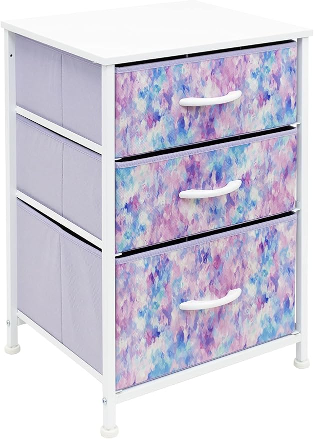 Sorbus Nightstand Storage Organizer with 3 Drawers - Kids Girls, Boys Bedroom Furniture Storage Chest for Clothes, Closet Organization - Steel Frame, Wood Top, Tie-dye Fabric Bin (Blue/Pink/Purple)
