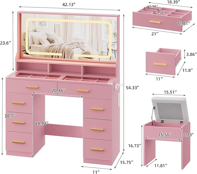 IDEALHOUSE Vanity Desk with Mirror and Lights, Makeup Table with Glass Top & 8 Drawers, 3-Color LED Mirror, Power Outlets & USB, Hair Dryer Holder, Stool Included, Dressing Table Set for Bedroom