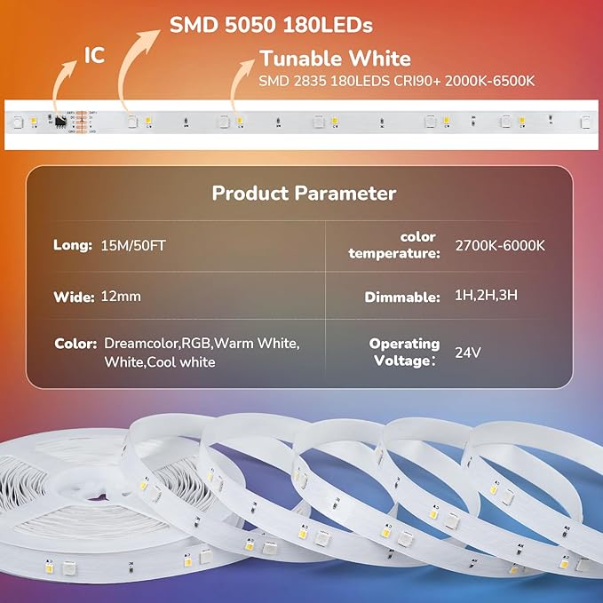 50Ft RGBWW+IC LED Strip Lights,Dimmable Multi-Colored+3000K-6500K LED Lights with Remote,Self-Adhesive Color Changing RGB Tape Lights,24V Cuttable DIY Light Strip for Home Bedroom Stair-50Ft