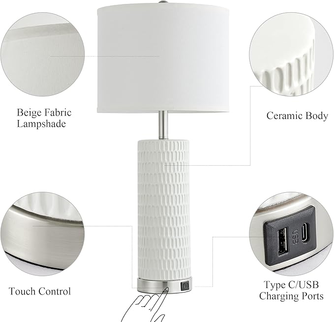26.5" Ceramic Table Lamp Set of 2, 3 Way Dimmable Touch Control Table Lamp with 2 USB Charging Ports for Bedroom Living Room, Modern Nightstand Lamp End Table Lamps, Bulbs Included