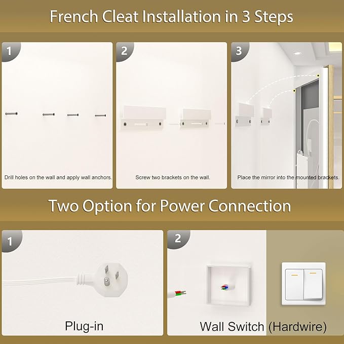 OKPAL 55x40 Gold LED Bathroom Mirror Metal Framed Front Light & Backlit, Lighted Vanity Mirror, Anti-Fog, Dimmable, 3 Colors, Shatterproof, ETL Listed, Horizontal/Vertical